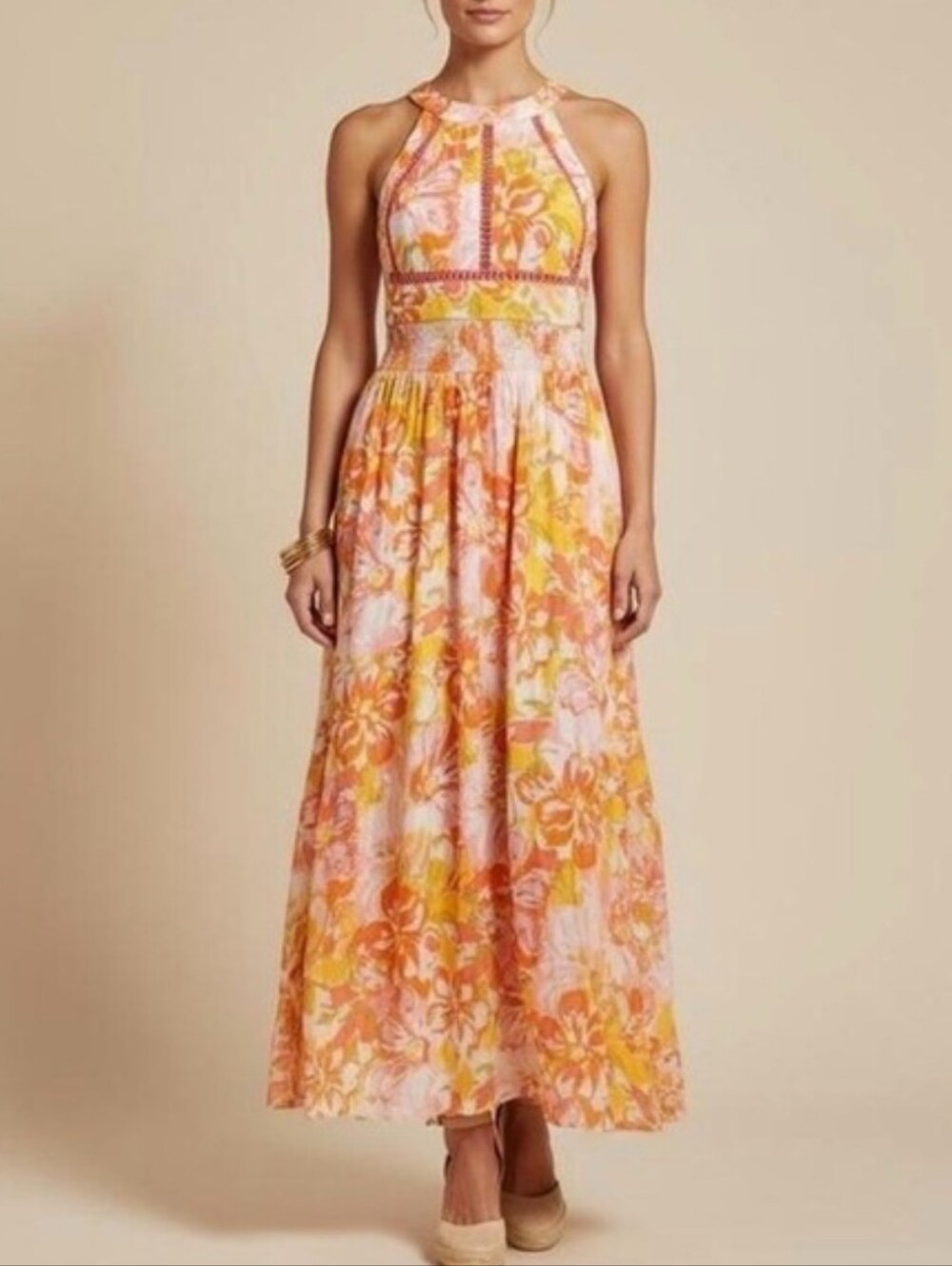 Abel The Label Pink & Orange Floral Halter Maxi Dress